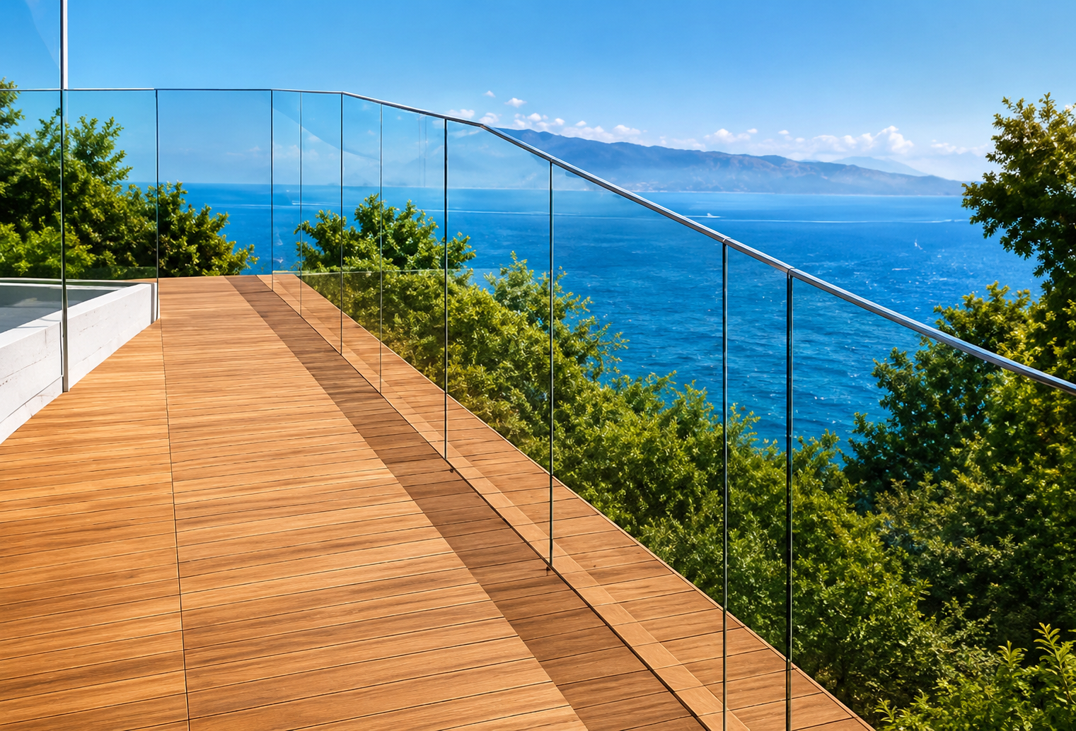 Glass railing along an outdoor wood deck