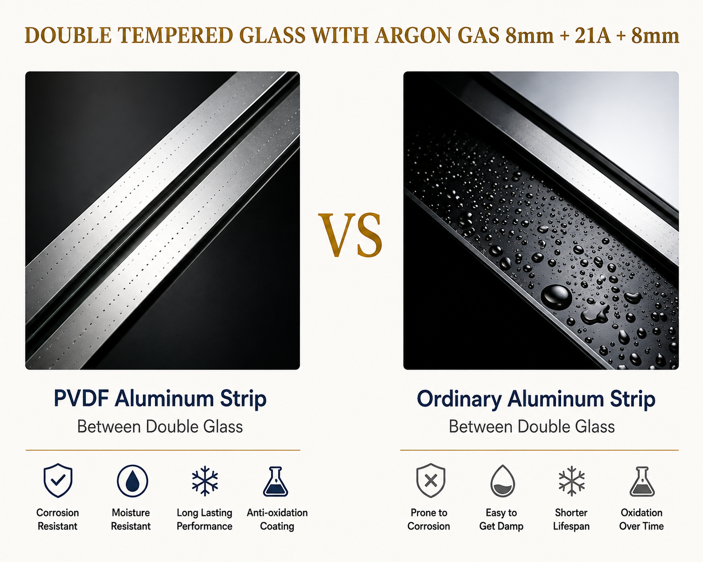 Double tempered glass with argon gas — PVDF vs ordinary aluminum strip comparison