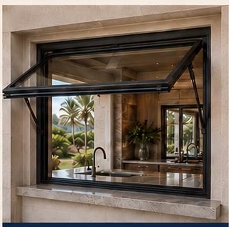 Canopy style pass-through window opening outward as an awning