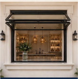 Fold-up pass-through window with decorative casing