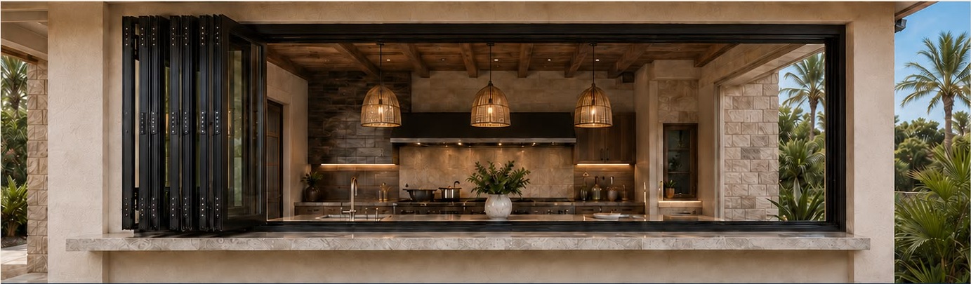 Horizontal folding slider pass-through window fully stacked open onto an outdoor kitchen counter