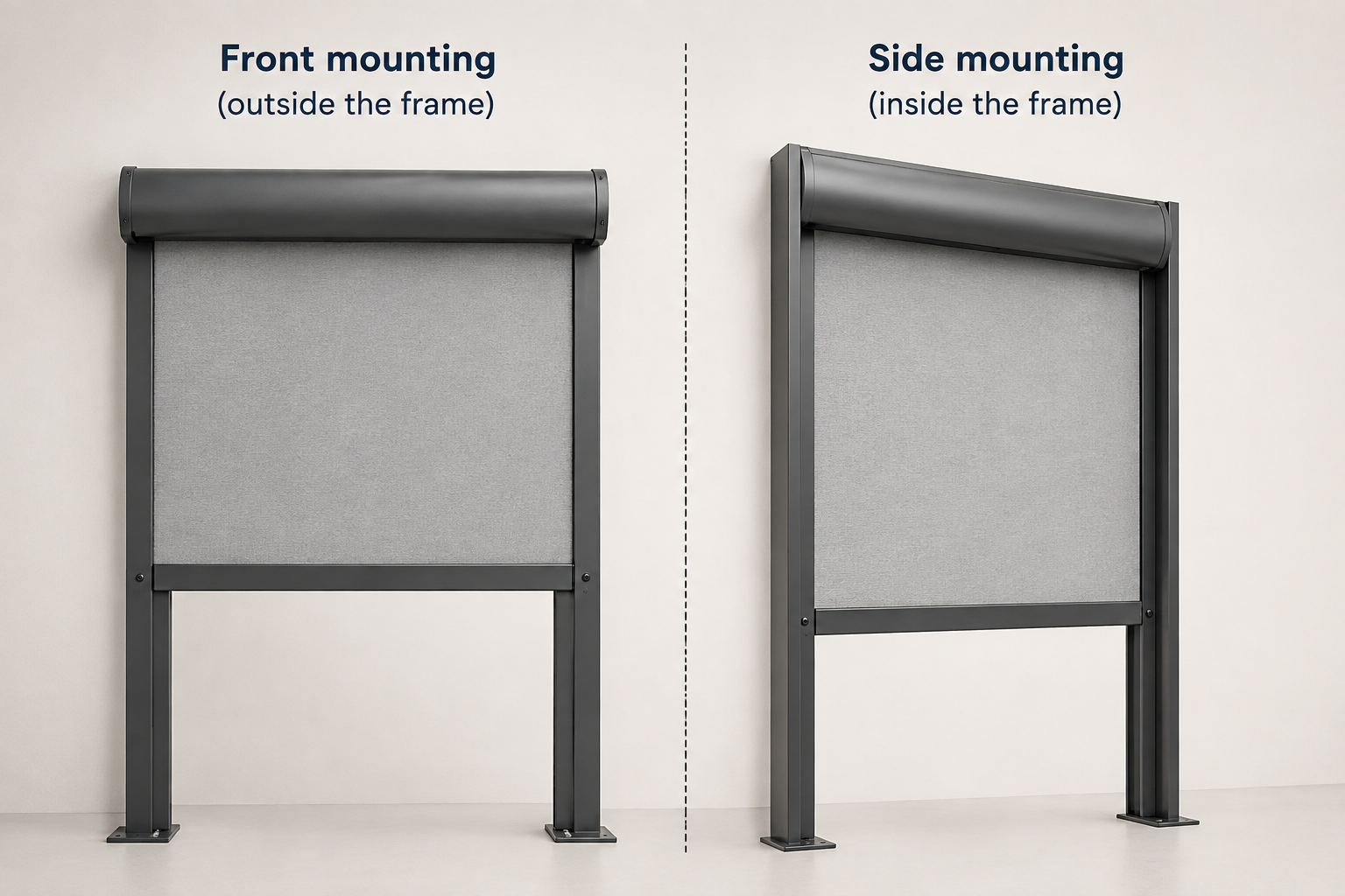 Installation method of rolling curtain — front mounting outside the frame, side mounting inside the frame