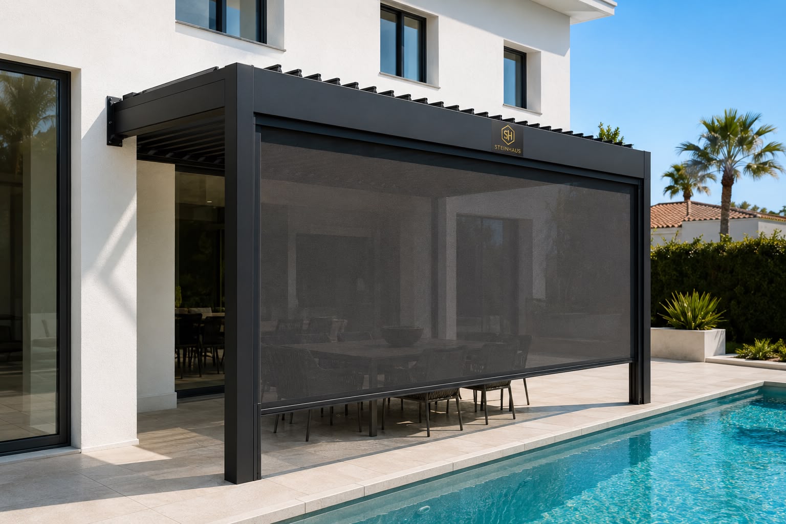 Motorized shade mechanism — tubular motor, control crown, tracks, roll pipe, weighted bar, and anti-collision strip