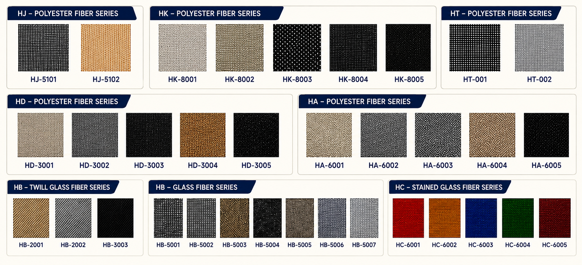 Polyester and glass fiber fabric series and colors — HJ, HK, HT, HD, HA, HB, and HC series